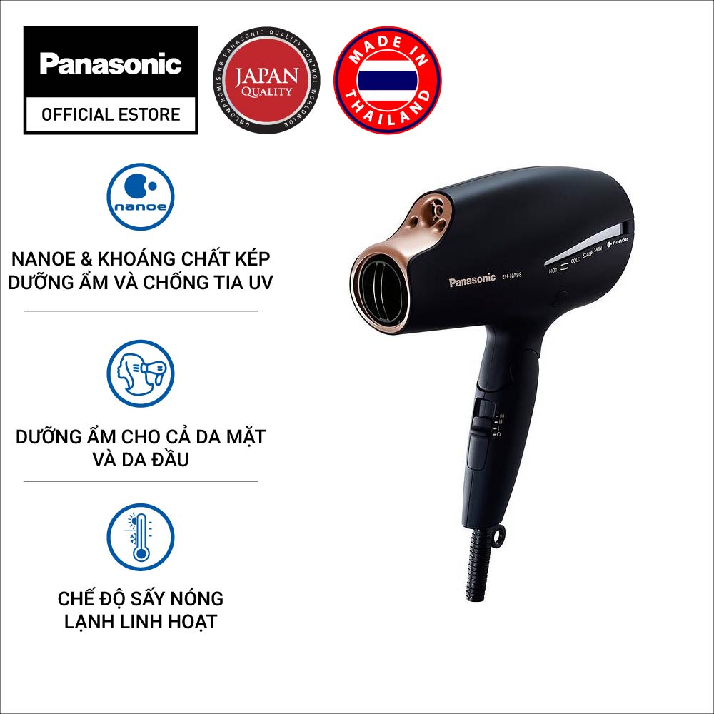 Máy sấy tóc Nanoe dưỡng ẩm chăm sóc tóc và da đầu Panasonic EHNA98RP645/ EHNA98K645 Chế độ sấy nóng lạnh luân phiên tự động Công Suất 1800W