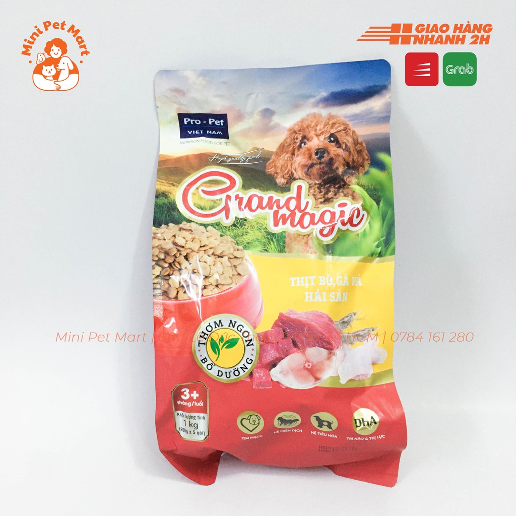 Thức ăn hạt cho chó trưởng thành grand magic 1kg - vị thịt bò gà và hải sản