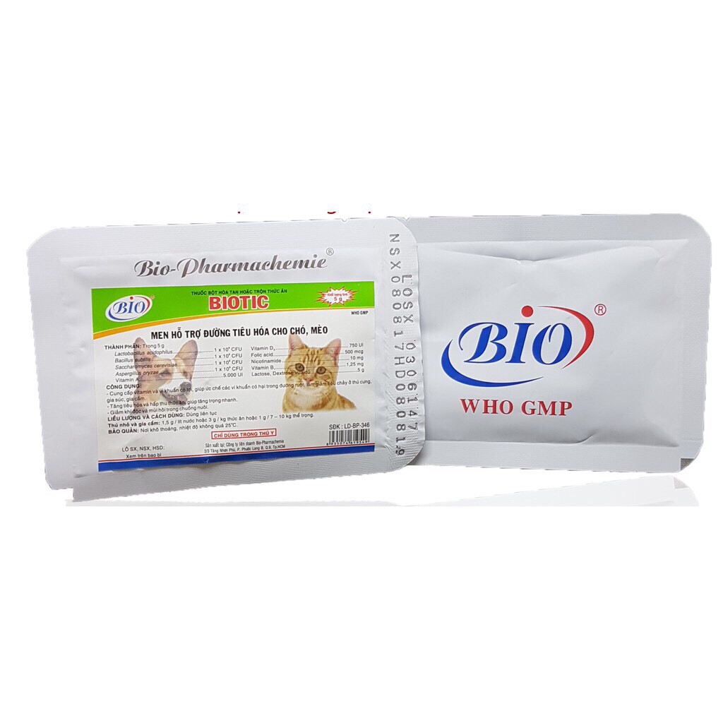 COMBO 2 GÓI [HCM]Men tiêu hóa thức ăn cho chó mèo Biotic 5gr ngăn ngừa sự phát triển vi khuẩn có hại giúp phòng ngừa viêm ruột tiêu chảy phù đầu