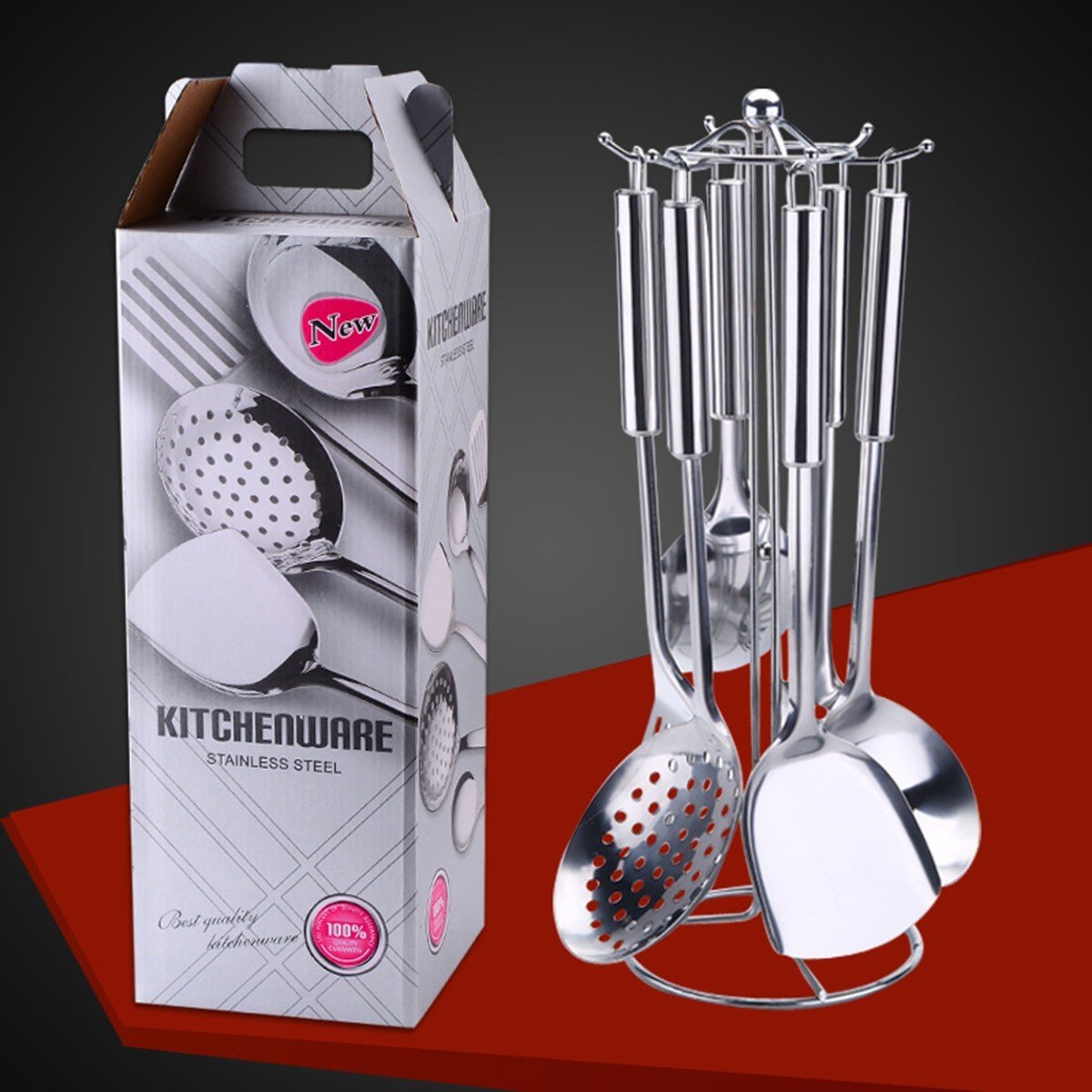 Bộ vá muỗng inox cán dài 6 món - muôi múc canh - muôi vớt inox - xẻng lật thức ăn - muỗng thủng vớt mì