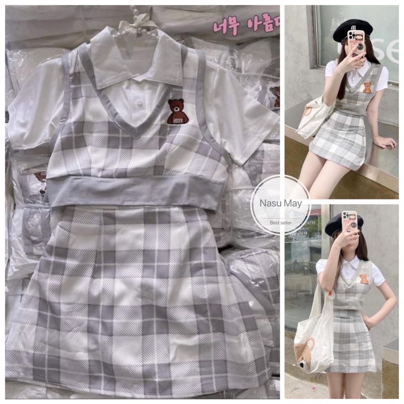 Set 3 món kẻ caro gấu hàn quốc 🦋 áo polo croptop + áo gile + chân váy ngắn chữ a 🦋