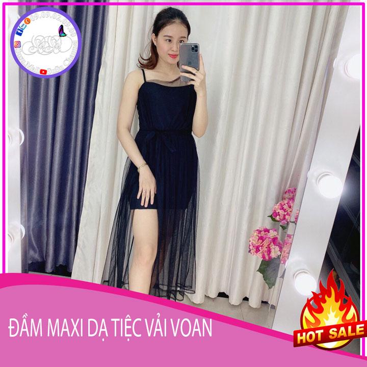 [HCM]Đầm Maxi dạ tiệc chất voan phối thun lót cổ kiểu lệch vai