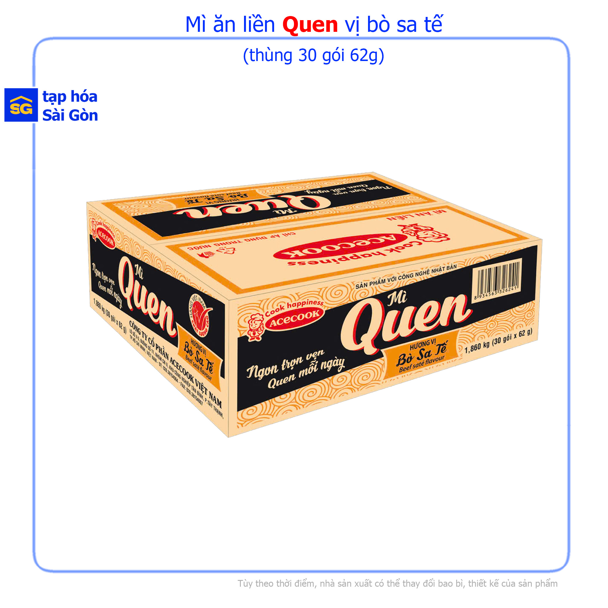 THÙNG 30 Mì ăn liền QUEN vị bò sa tế, canh chua tôm, gà lá chanh gói 62g-63g