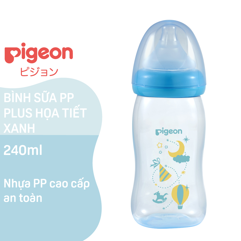 Bình sữa cổ rộng PP Plus họa tiết xanh Pigeon 240ml (M) WN2 (HSD:11/2025)