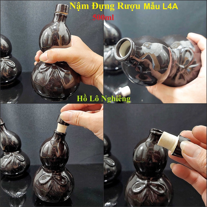 Bình Đựng Rượu Gốm Sứ 500ML Bát Tràng mẫu hồ lô nghiêng màu đen bóng - Nậm Rượu Bát Tràng cho giới sành tửu – Nậm Đựng Rượu Đẹp