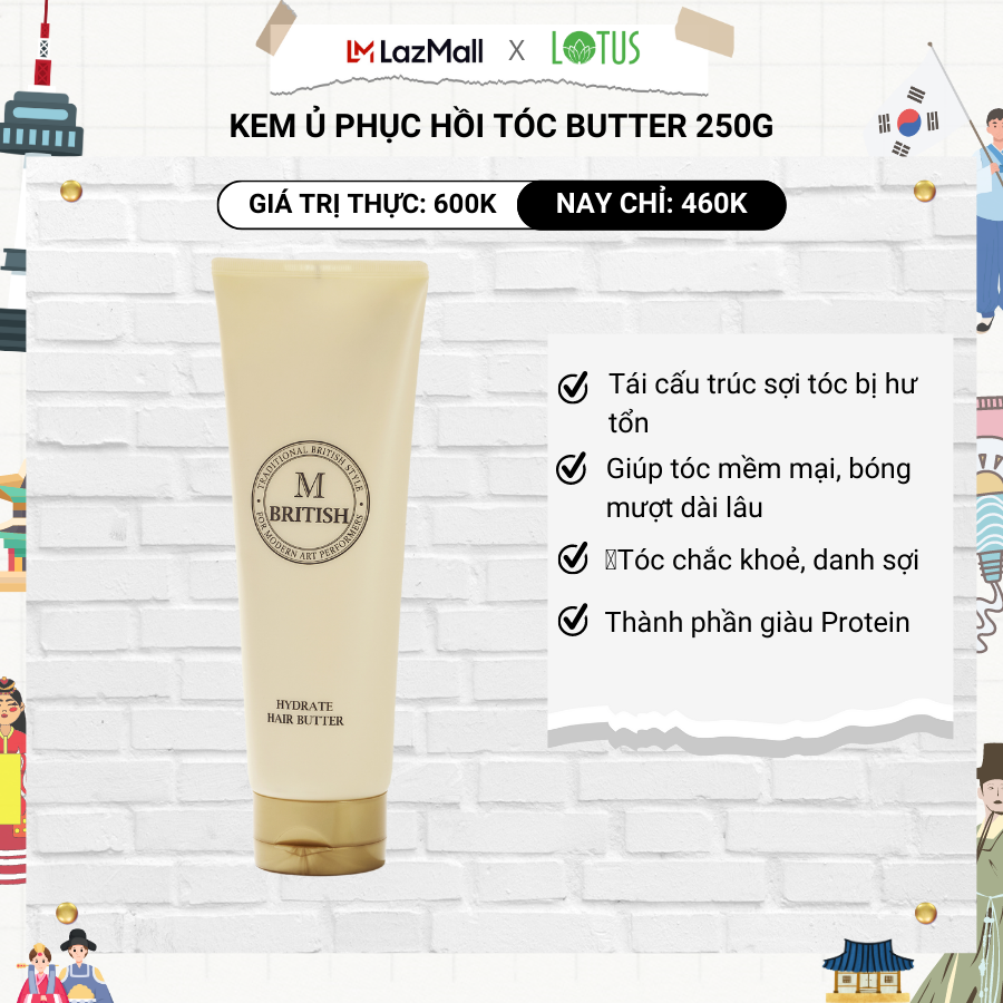 Kem ủ siêu phục hồi tóc hư tổn nặng BRITISH M HYDRATE HAIR BUTTER cho tóc bóng khỏe, suôn mượt 250g