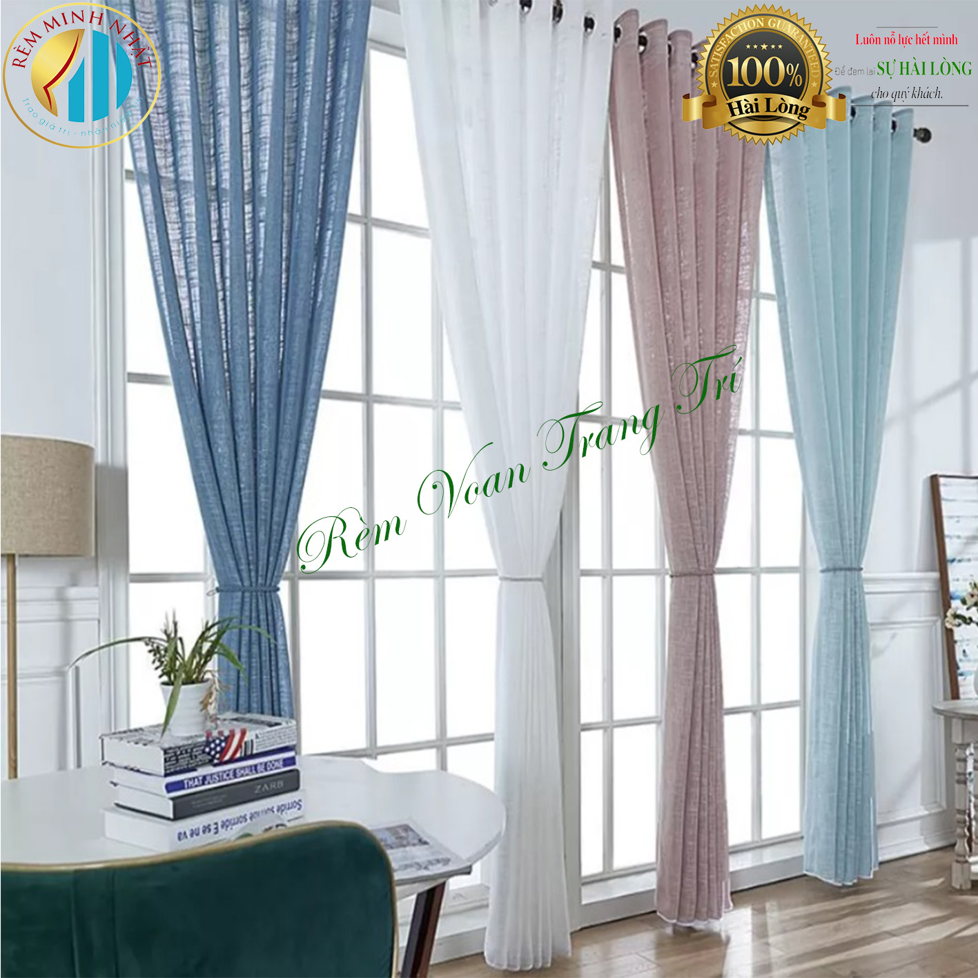Rèm cửa voan trắng, rèm cửa sổ may ore và dán tường không khoan, vải trang trí decor spa, phòng ngủ và phòng khách
