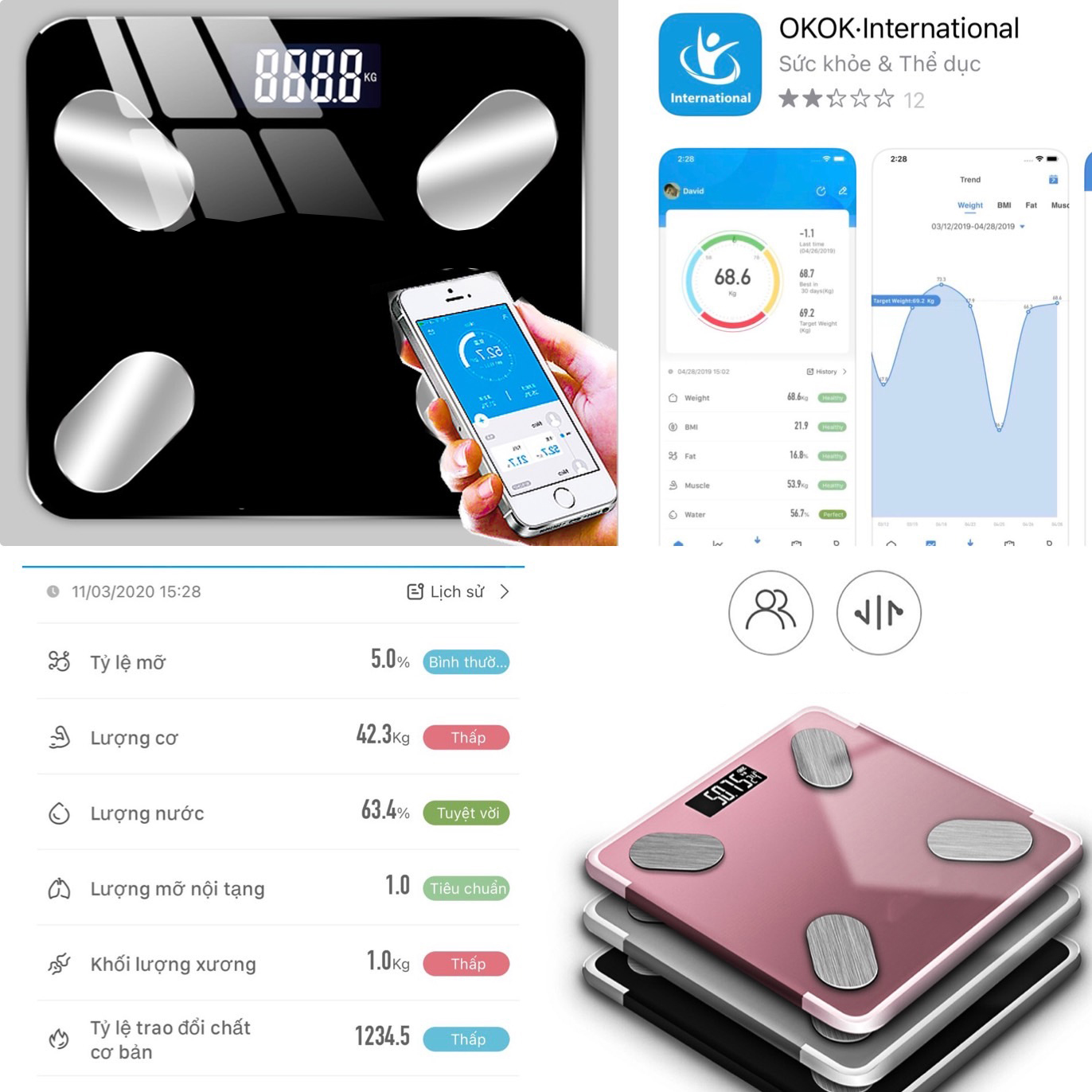 Cân sức khỏe điện tử độ chính xác cao , Cân sức khỏe mặt kính cường lực đo và phân tích chỉ số cơ thế kết nối bluetooth qua App , chịu tải trọng tới 180kg, cân phân tích đo 11 chỉ số cơ thể.