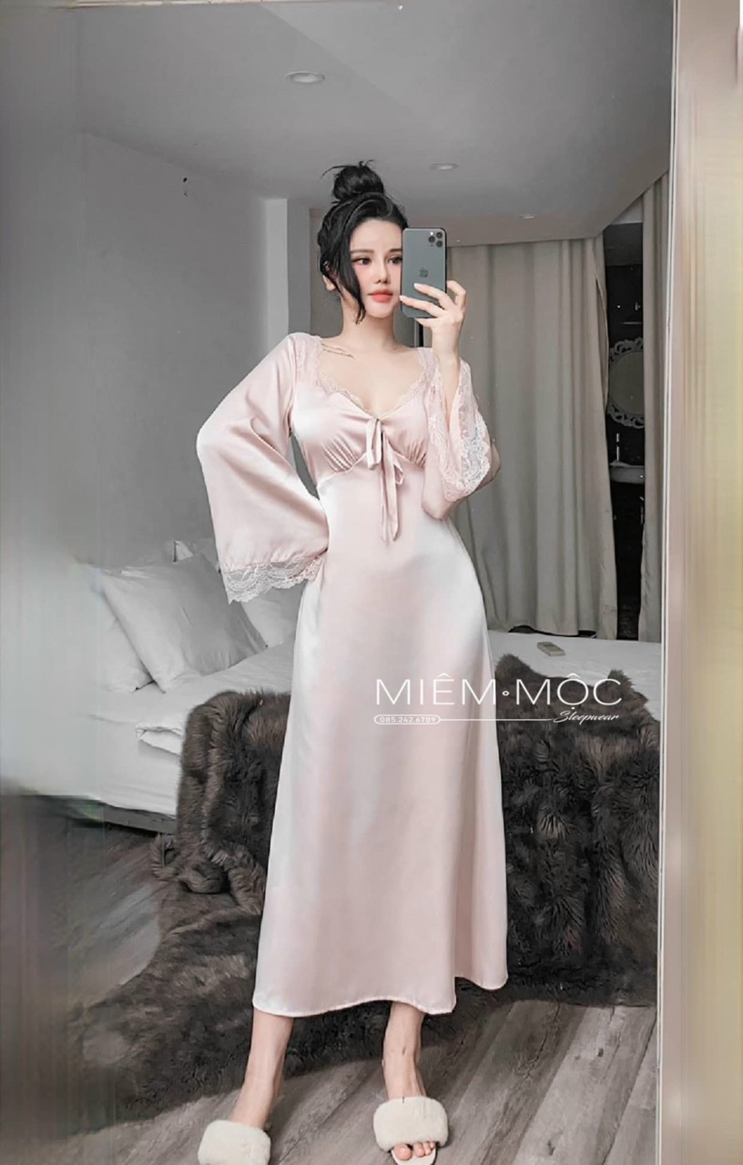 Váy ngủ lụa tiểu thư dáng dài viền ren_Váy ngủ QCCC_Sẵn hàng