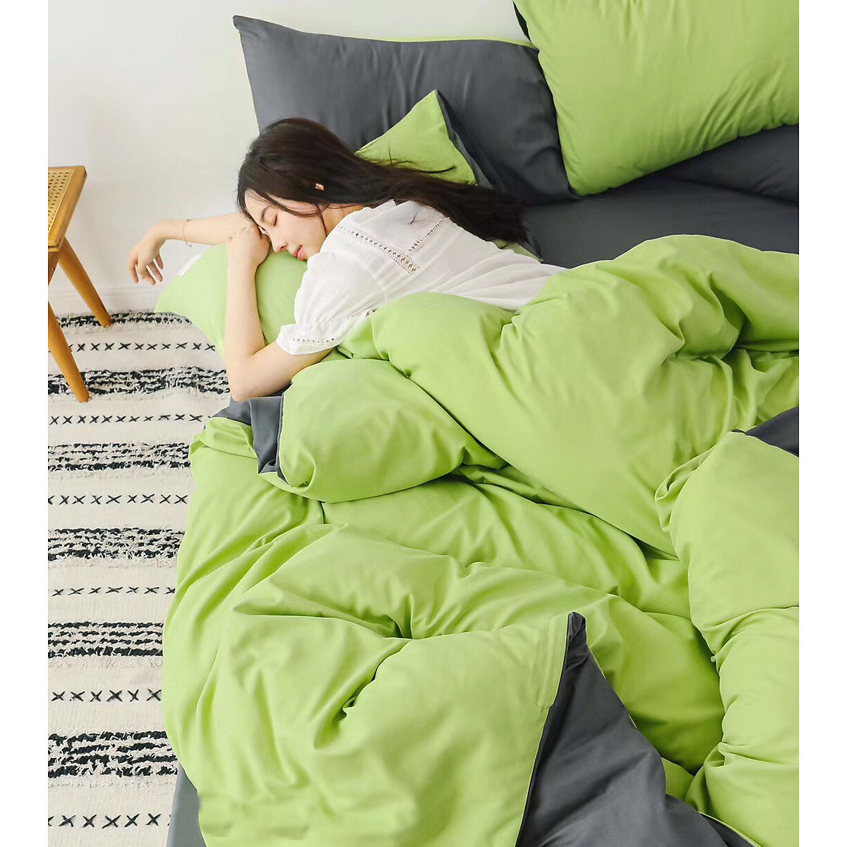 Bộ chăn ga gối cotton tici cao cấp minhkhang - màu xanh lá phối xám