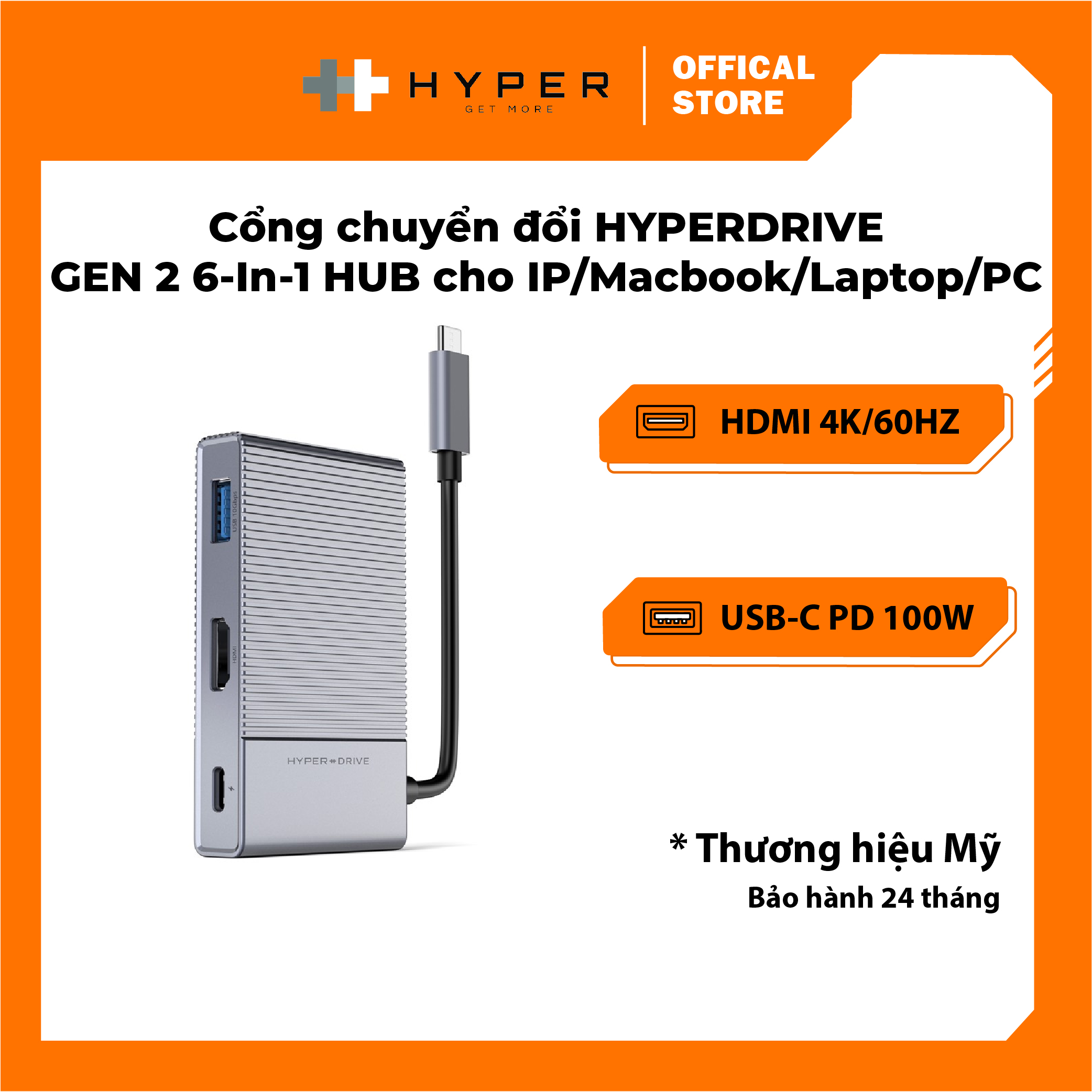 Cổng chuyển hyperdrive gen2 6-in-1 for macbook, ipad pro 2018-2020, pc & devices