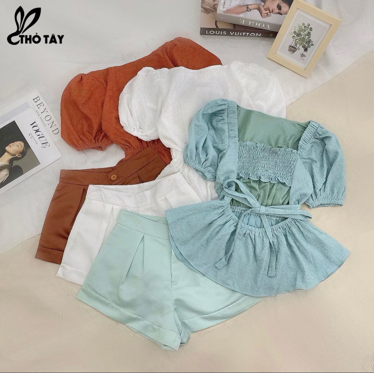 Set bộ nữ áo nhún eo phối quần tafta - thỏ tây s329cx376