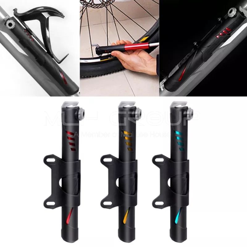 Bơm xe đạp mini treo xe gắn khung sườn có đế gắn sử dụng khẩn cấp 120psi 8 bar siêu nhẹ xy lanh lõi nhôm (kèm 2 đầu bơm) MLH