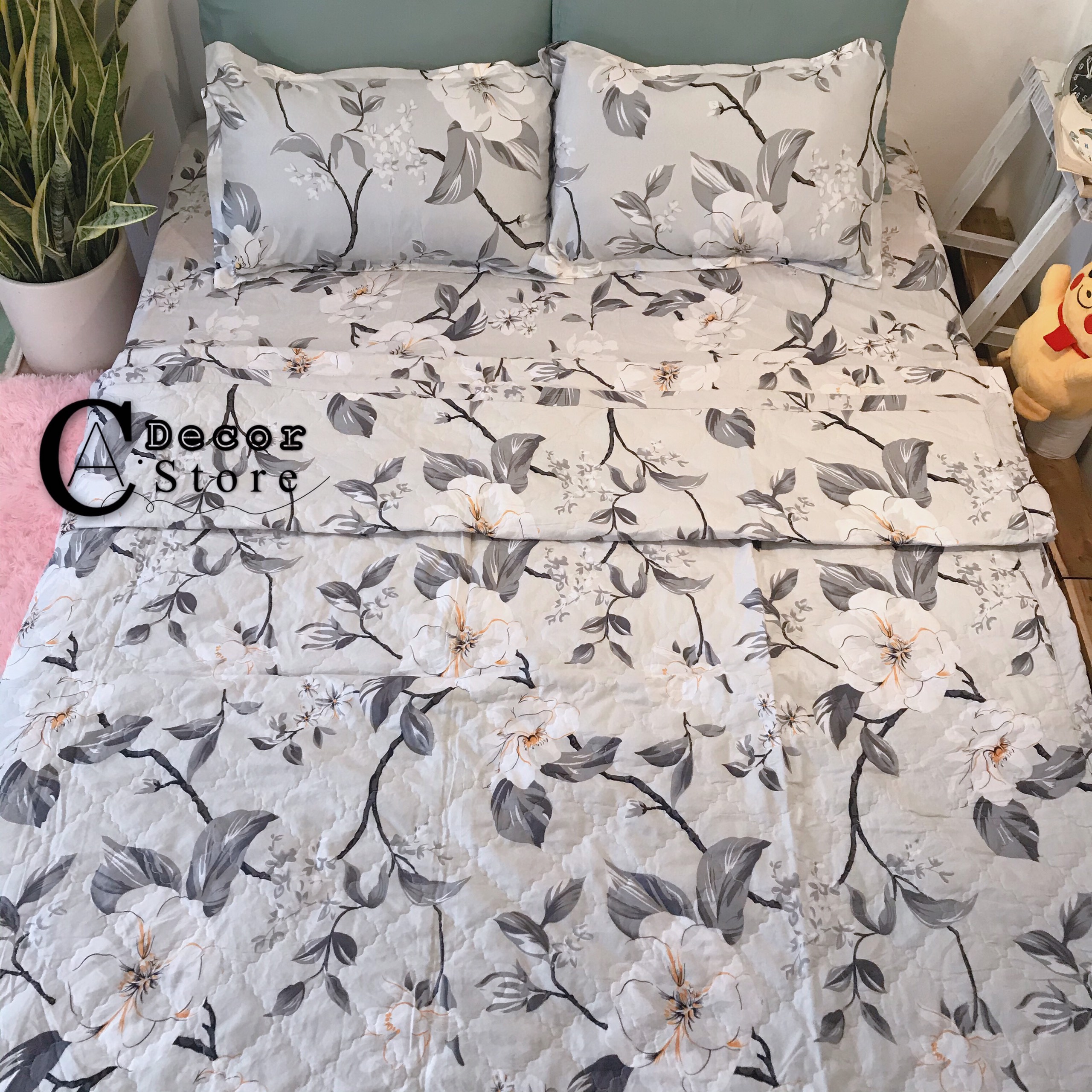 Bộ Chăn Ga Gối Cotton Poly Hoa Ghi Đá, Chất Liệu Thoáng Mát , Kích Cỡ Đa Dạng , By. C.A Decor Store