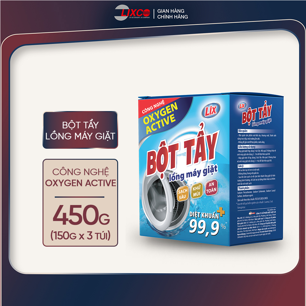 Bột tẩy lồng máy giặt Lix công nghệ Oxygen Active hộp 3 túi 150gx3 - giúp phân hủy cặn bẩn, mảng bám và chất tẩy dư thừa