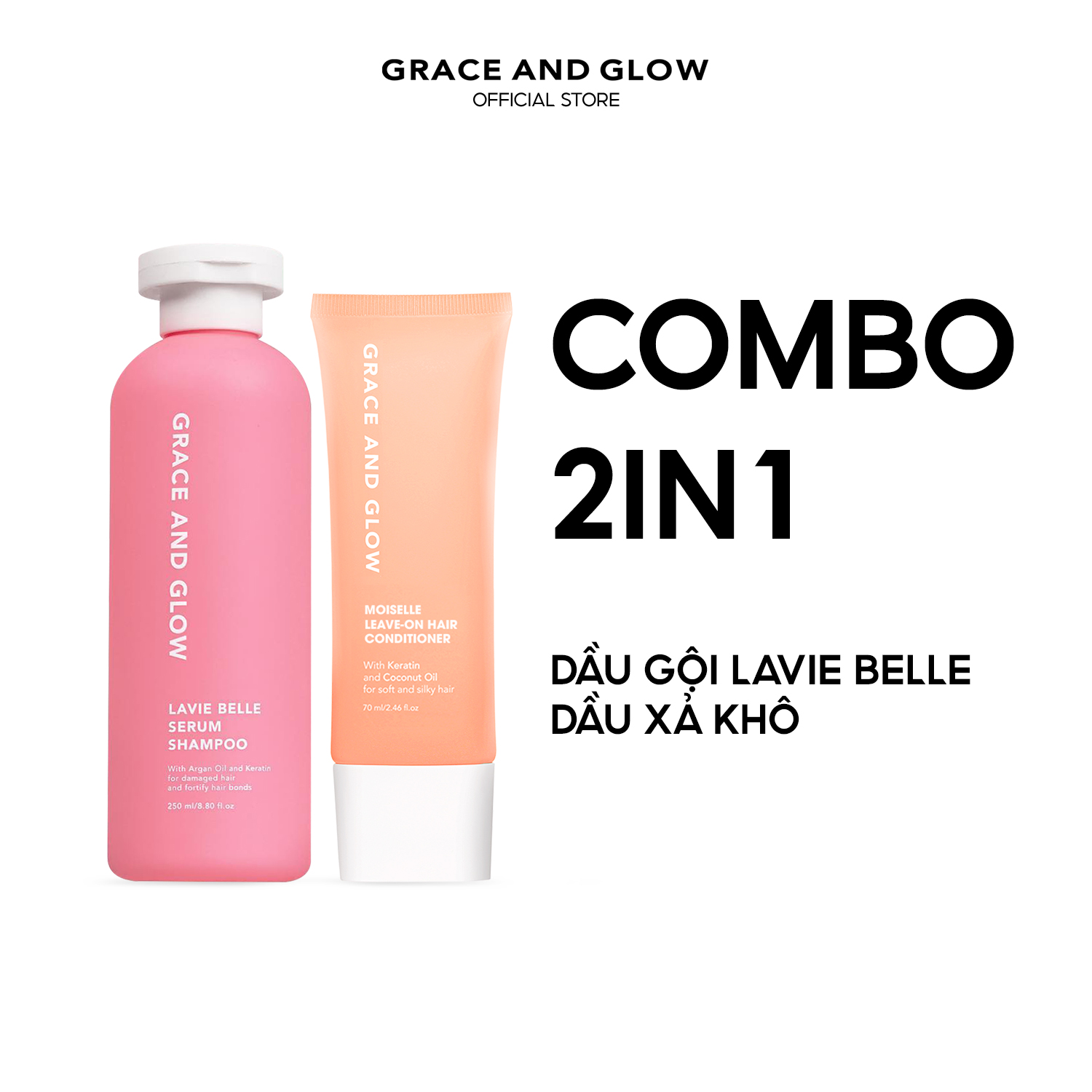 2 in 1 Combo Dầu gội tinh chất nuôi dưỡng tóc và Dầu xả khô Grace and Glow 250ml + 70ml