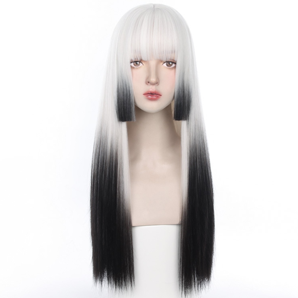 HOUYAN Synthetic long straight hair cosplay Lolita comic bangs black and white dyed wig cosplay Lolita female synthetic wig