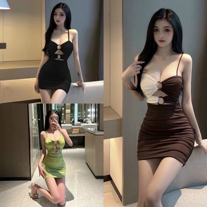 Đầm ôm body kiểu phối khoen có mút dây mặc 2 kiểu