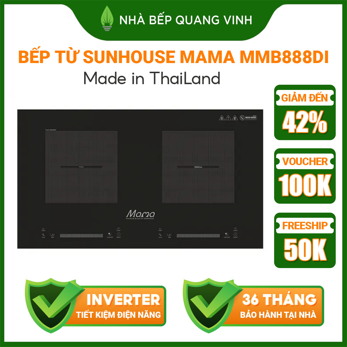 Bếp đôi điện từ sunhouse mama mmb888di made in thailand, inverter tiết kiệm điện, bảo hành tại nhà trên toàn quốc-quang vinh