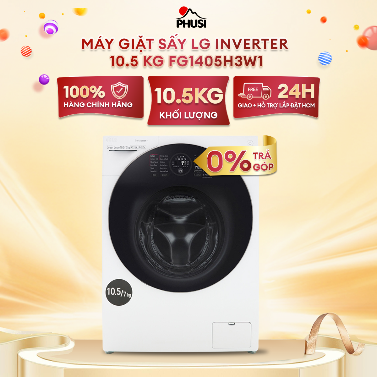 [Trả góp 0%] Máy giặt sấy LG Inverter 10.5 kg FG1405H3W1 2 trong 1 hoạt động nhanh chóng và tiện lợi - Hàng Chính Hãng