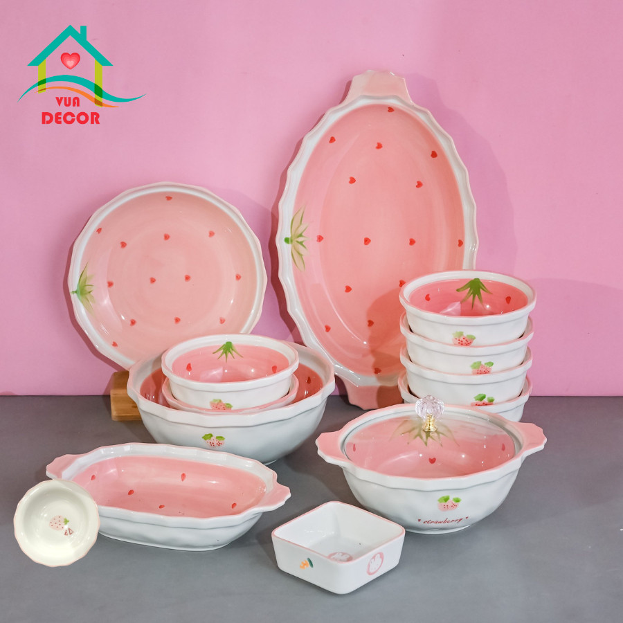 Bộ bát đĩa sứ Dâu Hồng CMI-chén bát Decor-bộ bát ăn cơm dễ thương phủ men bóng màu hồng,chén dĩa sứ đáng yêu VuaDecor