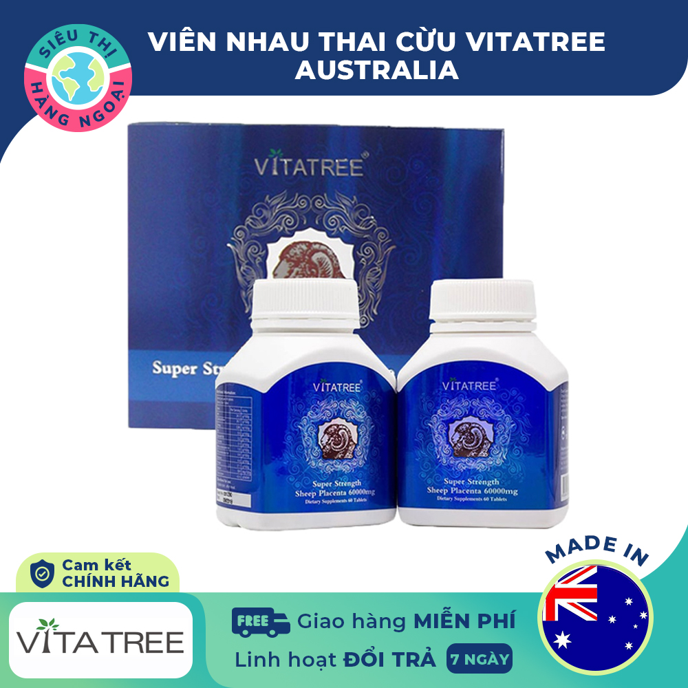 Nhau thai cừu Vitatree Supper strength sheep placenta 60000mg 2 Hộp/60 viên [Cho làn da tươi trẻ, mịn màng; điều hòa tiết tố, kinh nguyệt; tăng cường trí nhớ] Hàng ÚC (được bán bởi Siêu Thị Hàng Ngoại)
