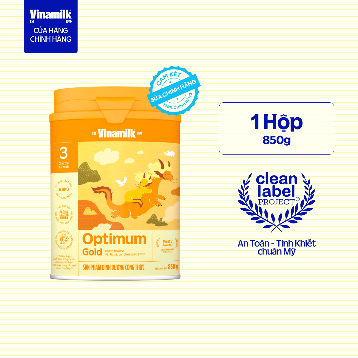 Sữa bột Vinamilk Optimum Gold 3 Hộp thiếc 850g (cho trẻ từ 1 - 2 tuổi) - Sữa công thức hỗ trợ Tăng c
