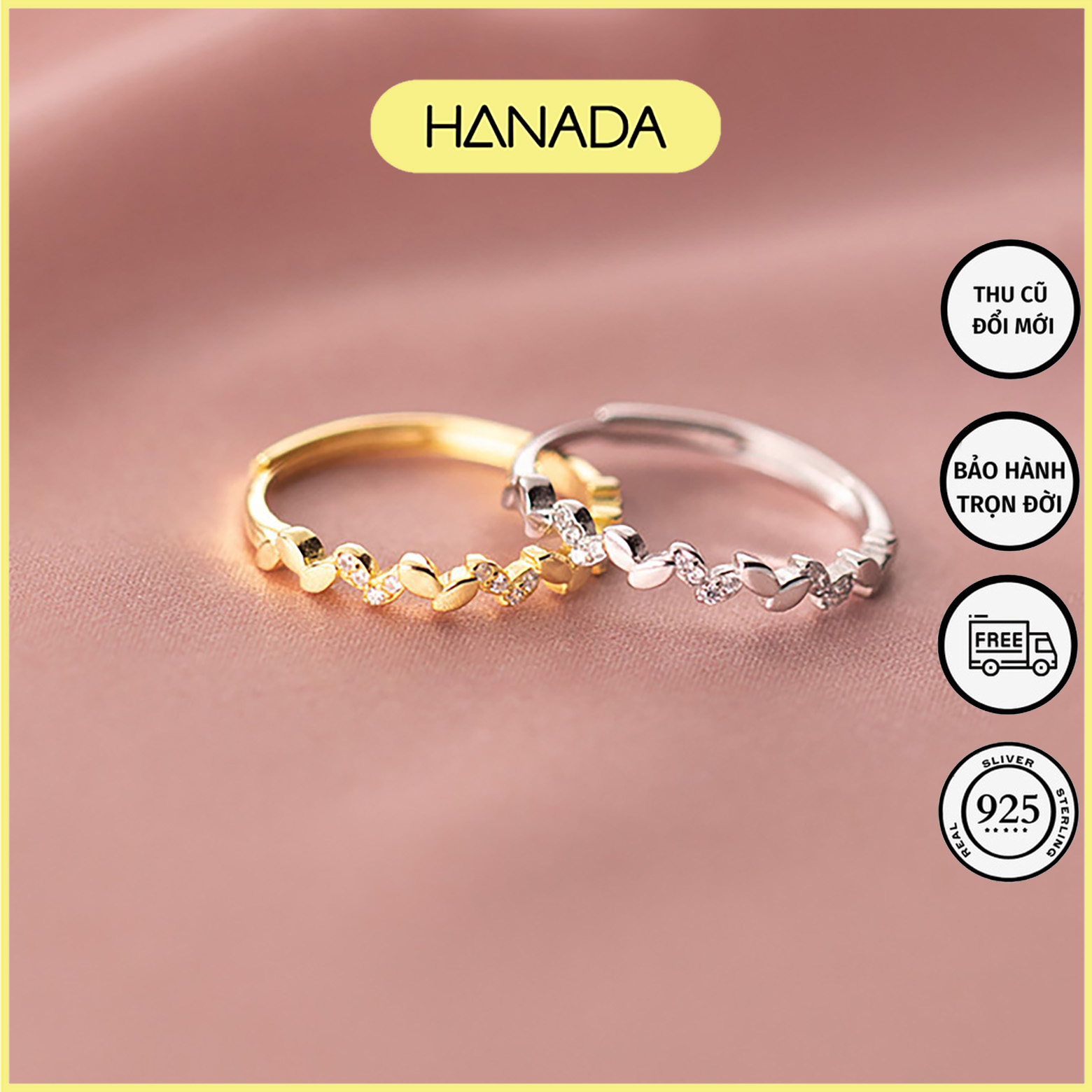Nhẫn bạc 925 hanada nhẫn lá đá trơn xen kẽ 0010