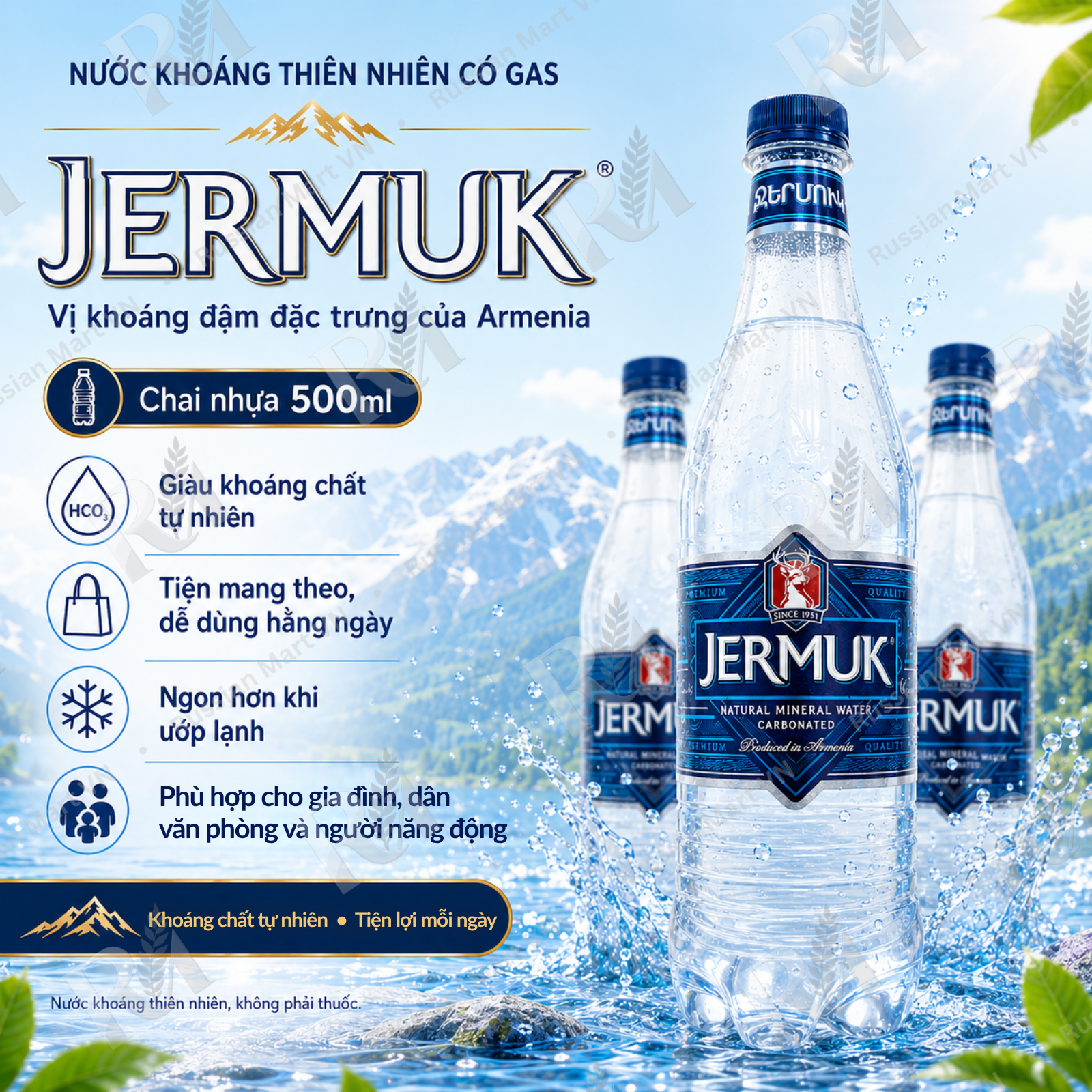 Nước Khoáng Thiên Nhiên Có Gas Jermuk 500ml - Soda Khoáng Armenia, Nước Soda Có Gas Giàu Khoáng Tự Nhiên (Bicarbonat, Sulfat, Natri, Canxi, Magie), Vị Khoáng Đậm, Chai Nhẹ Tiện Mang Theo Dùng Hằng Ngày & Sau Vận Động - Russian Mart VN