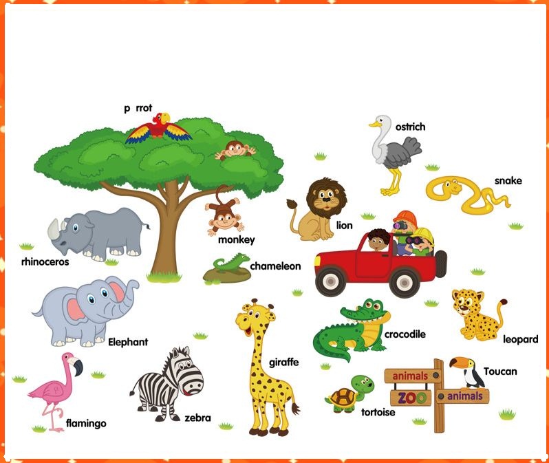 Tranh dán tường decal Động vật, Tiếng Anh Cho Bé