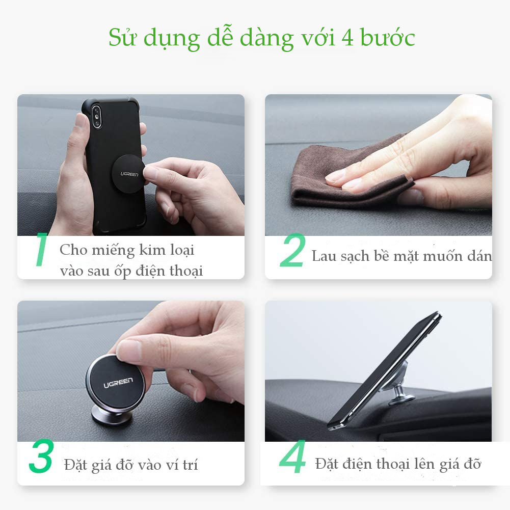 Giá đỡ điện thoại từ tính trên xe hơi tương thích với điện thoại kích thước từ 4-7 inch UGREEN 50871 Giá đỡ điện thoại từ tính trên xe hơi tương thích với điện thoại kích thước từ 4-7 inch UGREEN 50871