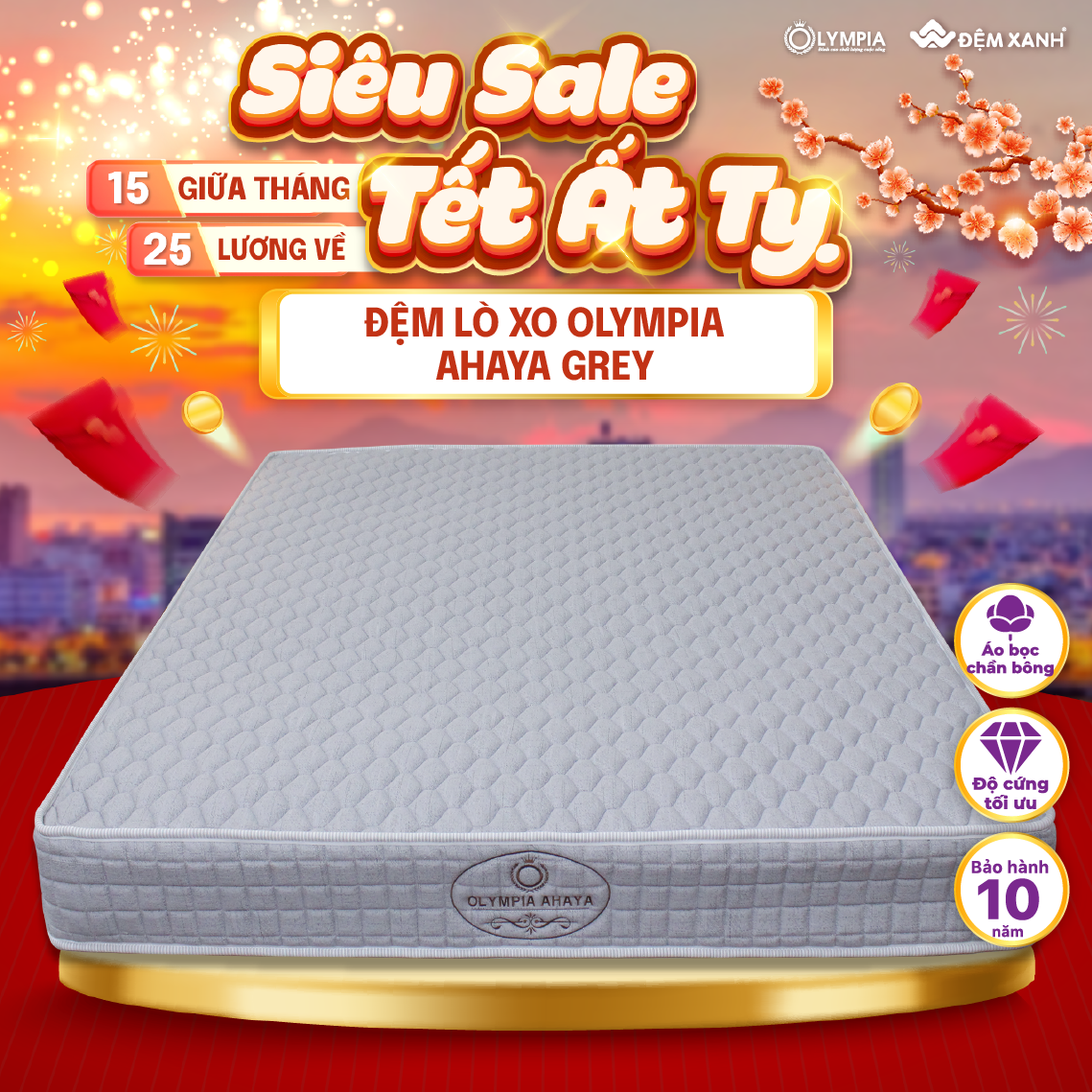 Đệm lò xo Olympia Ahaya Grey dày 23cm mẫu mới 2024