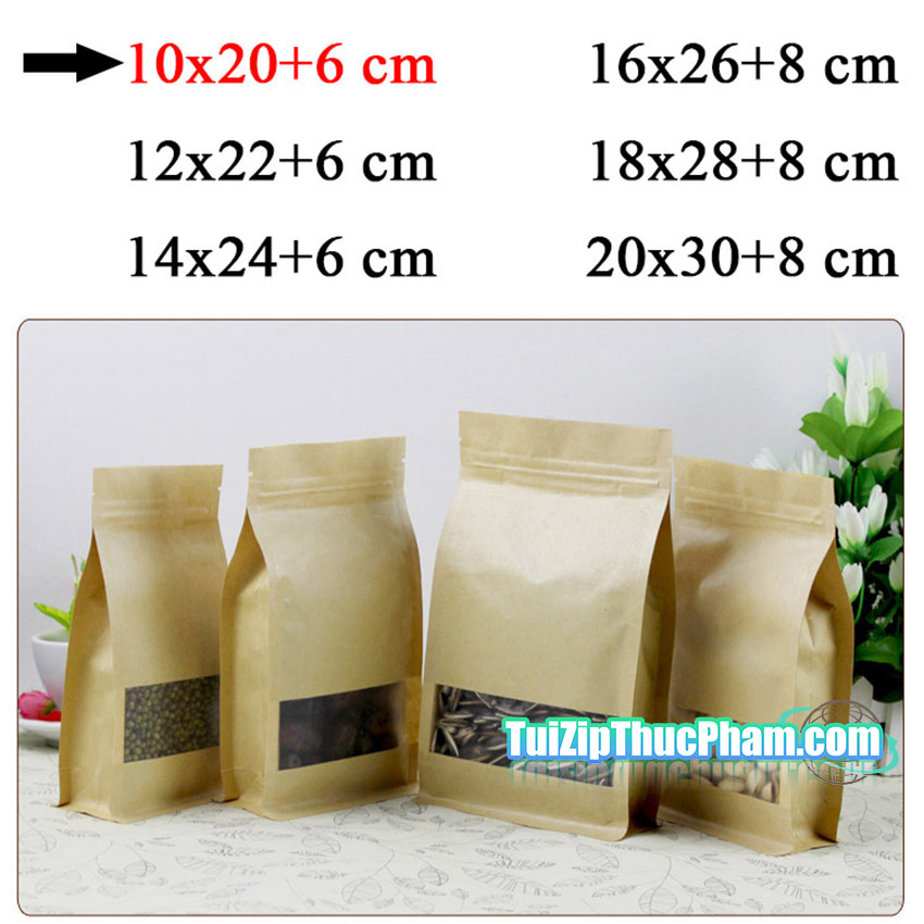 100 cái túi zip MIS size 10x20+6 cm Túi giấy kraft vàng 8 cạnh có cửa sổ tràn viền, túi giấy đựng thực phẩm có zipper chất lượng cao