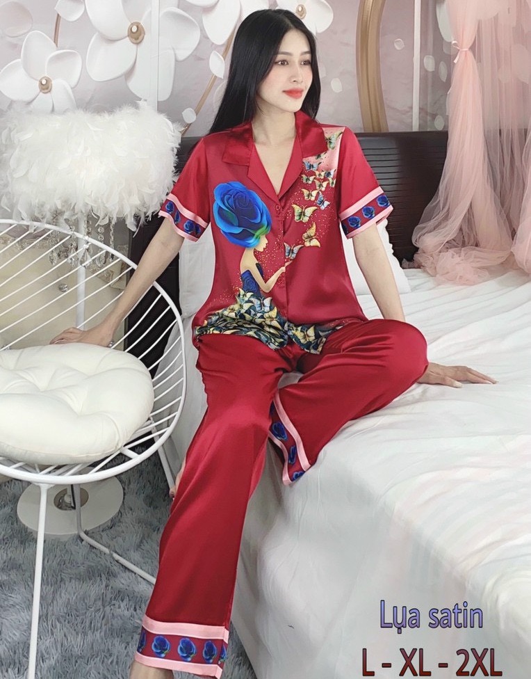 Bộ pijama lụa satin in 3d size xl-2xl ''55kg-74kg'' tay ngắn , quần có túi sâu