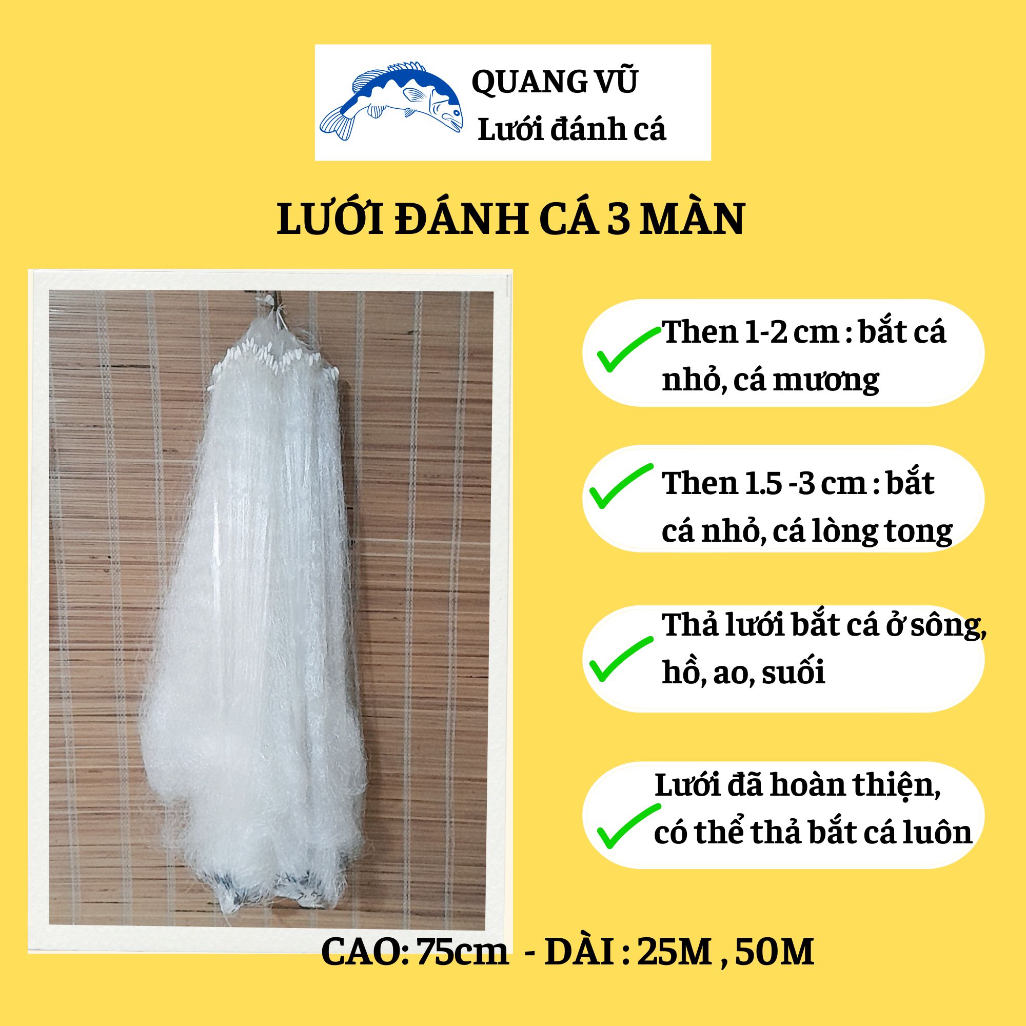 Lưới bắt cá sông 3 màn cao 70cm dài 25m, 50m then 1 , then 1.5 đánh cá rô phi, rô đồng, diếc, cá chép từ cá nhỏ đến cá to ở sông hồ ao suối