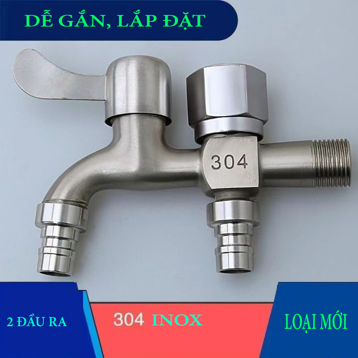Vòi nước inox 304 2 đầu ra, vòi hồ tay gạt, vòi máy giặt inox sus304 cao cấp