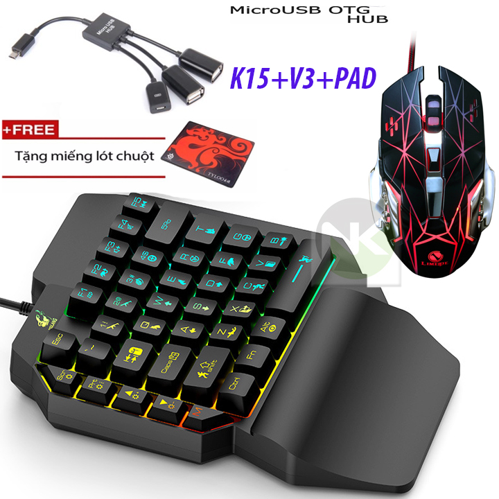 Combo bộ bàn phím giả cơ 1 tay free wolf k15 + chuột led nhiều màu + cổng o.t.g - vl