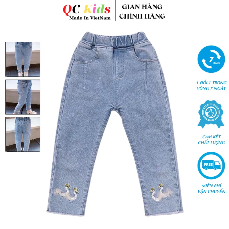 Quần bò bé gái đi học, đi chơi 10 đến 25 kg, quần jean bé gái thêu hình thiên nga QC-KIDS
