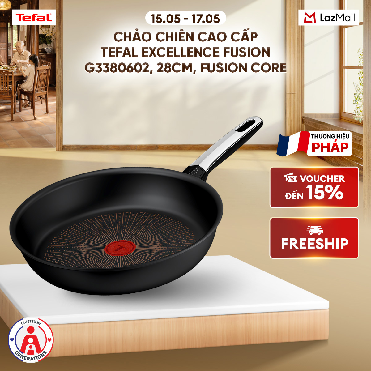 Chảo chiên cao cấp Tefal Excellence Fusion G3380602, 28cm, Fusion Core