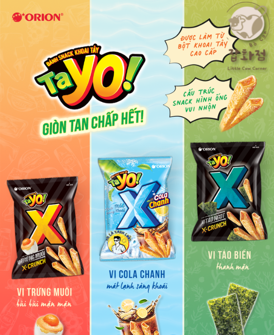 COMBO 10 Gói Bánh Sanck Bim Bim Khoai Tây TaYo X-Crunch Vị Cola Chanh/Tảo Ngọt/Trứng Muối Orion 28g