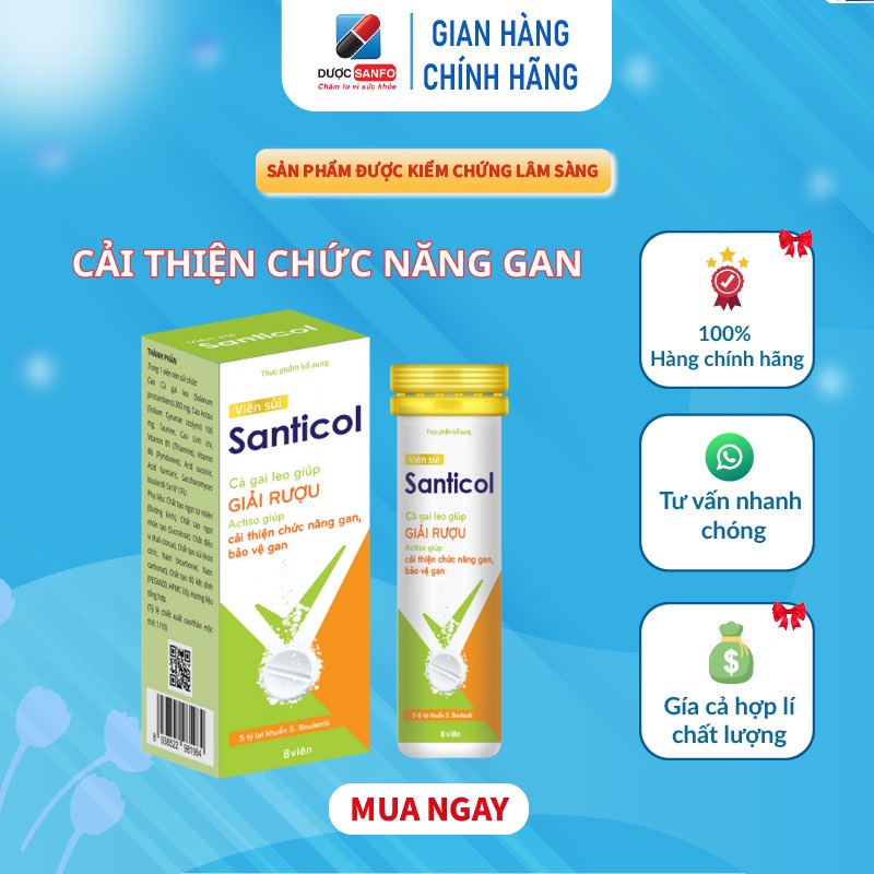 Viên Sủi Santicol Dược Sanfo Giúp Giải Rượu, Cải Thiện Chức Năng Gan và bảo vệ Gan - Hộp 8 viên