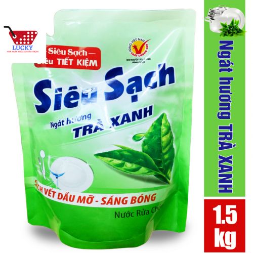 (MẪU MỚI) Túi Nước rửa chén Lix 1,5kg-Siêu đậm đặc chiết xuất trà xanh và chanh tươi