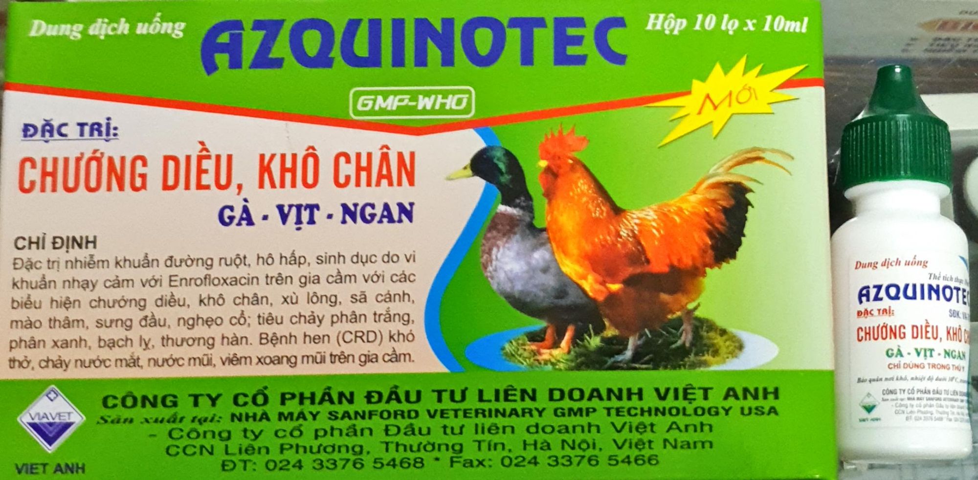 AZQUINOTEC (Hộp 10 lọ - 10ml / lọ) - Trị chướng diều, khô chân, sã cánh, mào thâm cho gà vịt ngan