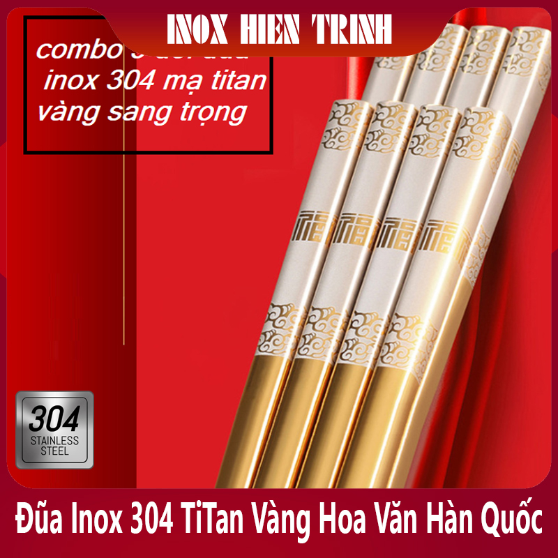 5 đôi đũa inox 304 cao cấp mạ titan khăc hoa văn chống trượt - sang trọng trên bàn tiệc