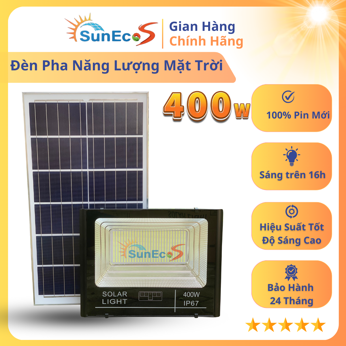 [Bản Nâng Cấp] Đèn năng lượng mặt trời 400W SUNECO vỏ Nhôm đúc nguyên khối, Đèn pha Led Năng Lượng Mặt Trời 400W Kèm tấm pin rời siêu bền, Led 5730 siêu sáng, remote thông minh cảm biến tự động, dây nối 5m,  bảo hành 2 năm