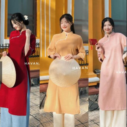 Áo dài cách tân nữ nhung mịn tay lửng phối viền đính cúc bọc HAVANA AD21