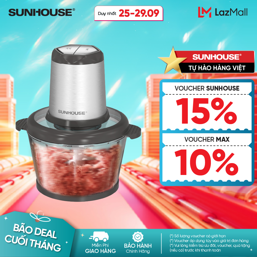 [ƯU ĐÃI 2 TẦNG VOUCHER] Máy xay thịt SUNHOUSE SHD5403/SHD5405 công suất 300W/350W dung tích 1.8L - 03 chế độ xay nhuyễn tiện lợi - Cối thủy tinh, an toàn cho sức khỏe