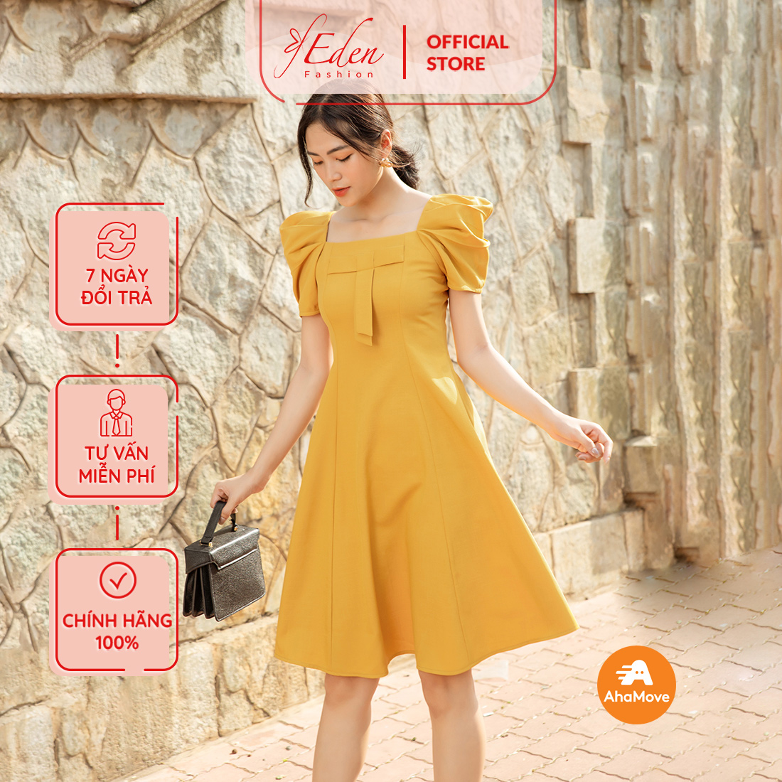 Váy đầm xòe nữ công sở  Thời Trang Eden tay phồng cổ vuông phối nơ chất liệu mát co giãn nhẹ - D439