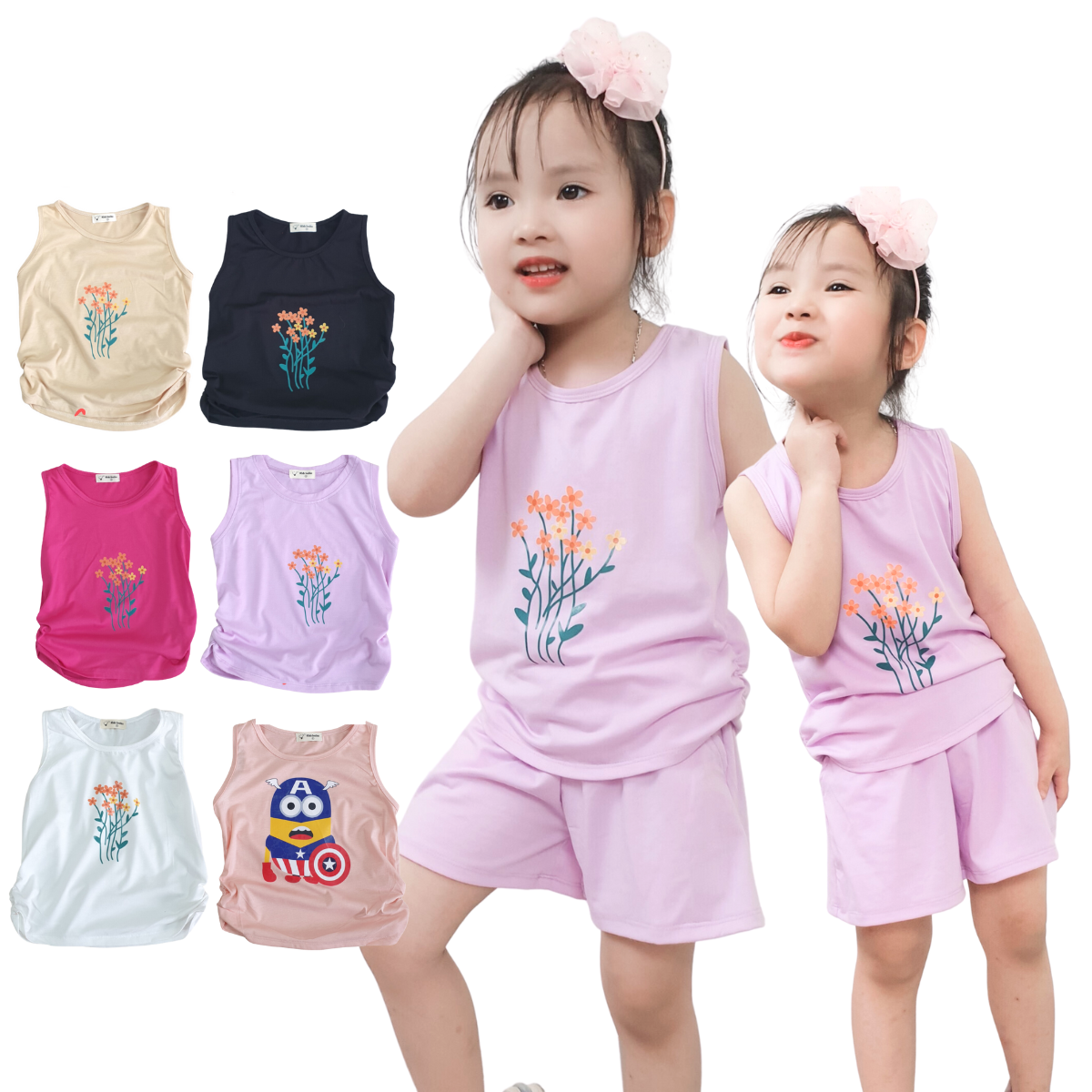 Áo phông bé gái ba lỗ cổ tròn rút eo cotton, áo thun bé gái cotton Ola_official