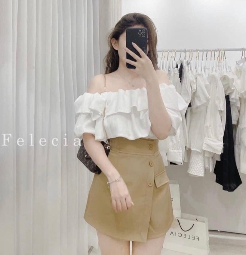 Set quần giả váy áo trễ vai , quần giả váy mix áo trễ vai mặc siêu sang chảnh AD82